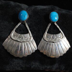 Vintage Sterling RB Running Bear Engraved Fan Drop Earrings with Turquoise Stone